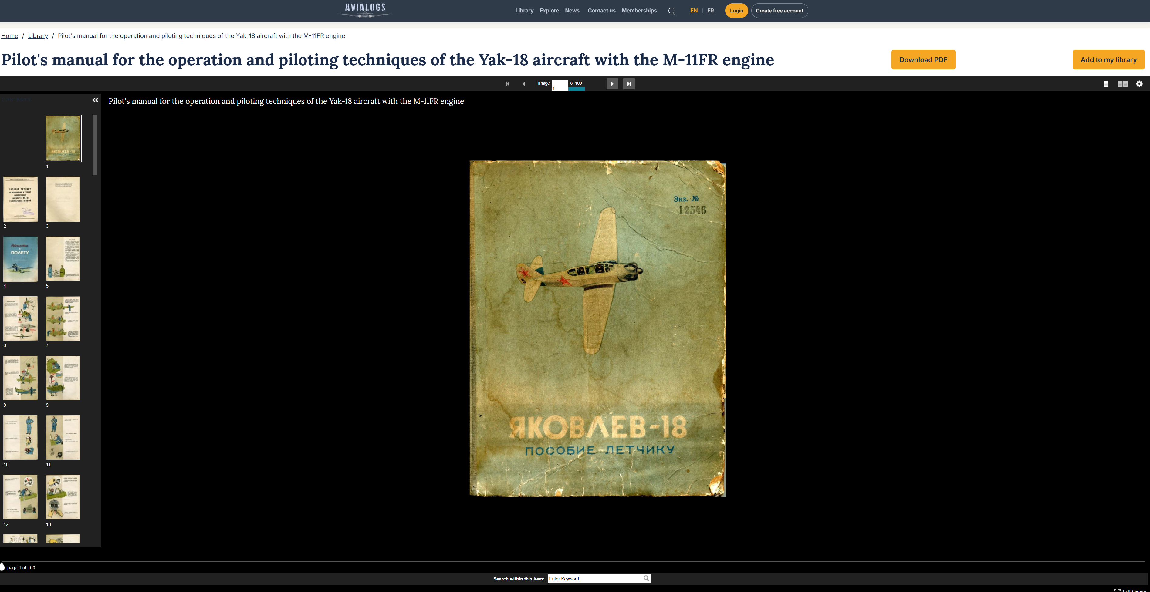A preview of the Avialogs document reader displaying a Yak-18 pilot's manual.