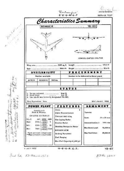 Avialogs: Aviation Library - 3073 YB-60 Characteristics Summary - 11