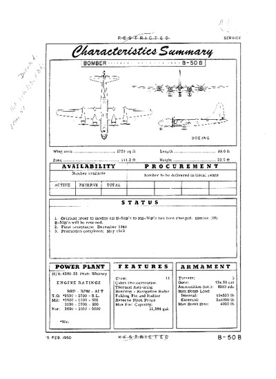 Avialogs: Aviation Library - 2767 B-50B Superfortress Characteristics ...